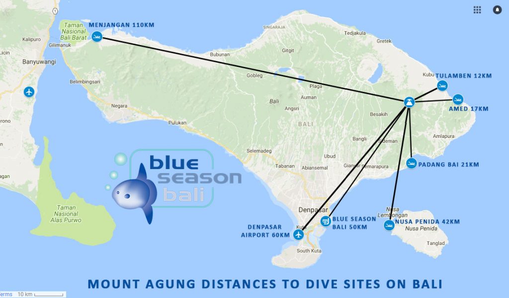 Bali Volcano - distances to dive sites